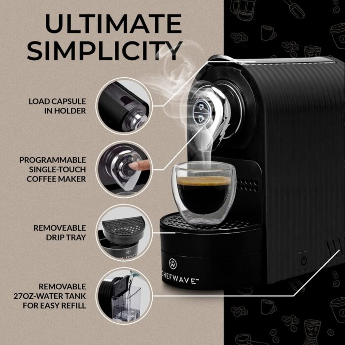 Espresso Machine and Coffee Maker Compatible with Nespresso Capsules, Programmable, One-Touch, Italian 20 Bar High-Pressure - Image 2