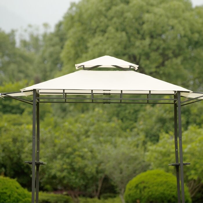 12Ft.Lx4.3Ft.W Steel Double Tiered Backyard Patio BBQ Grill Gazebo with Bar Counters, Beige