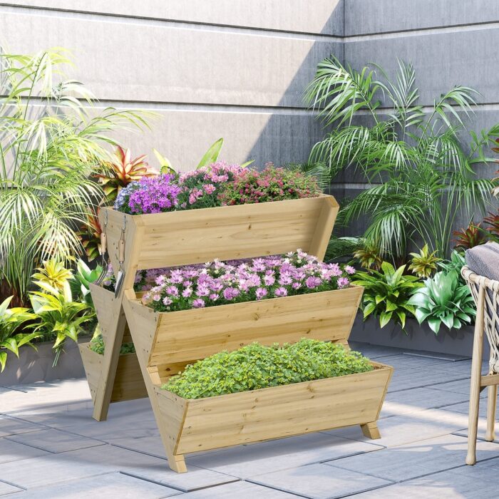 Outsunny Raised Garden Bed, Freestanding Planter Stand with 5 Planting Boxes and 4 Hooks for Herbs, Flowers, or Vegetables