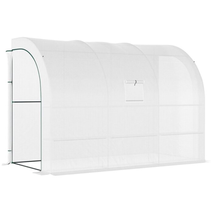 Outsunny 10' x 5' x 7' Outdoor Walk-In Greenhouse, Plant Nursery with Zippered Doors, PE Cover and 3 Wire Shelves, White - Image 2