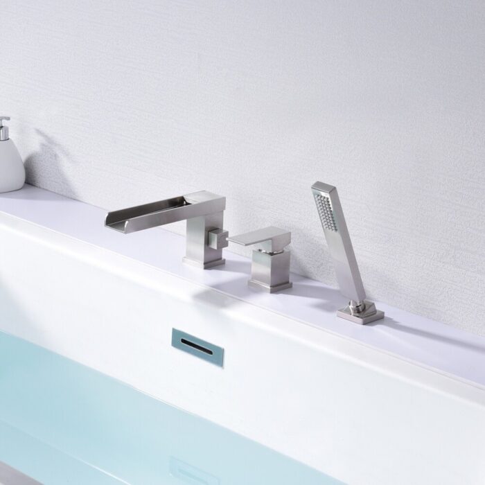 SUMERAIN Roman Tub Faucet with Sprayer Brushed Nickel Bathtub Faucet Waterfall Tub Filler 3 Holes - Image 2