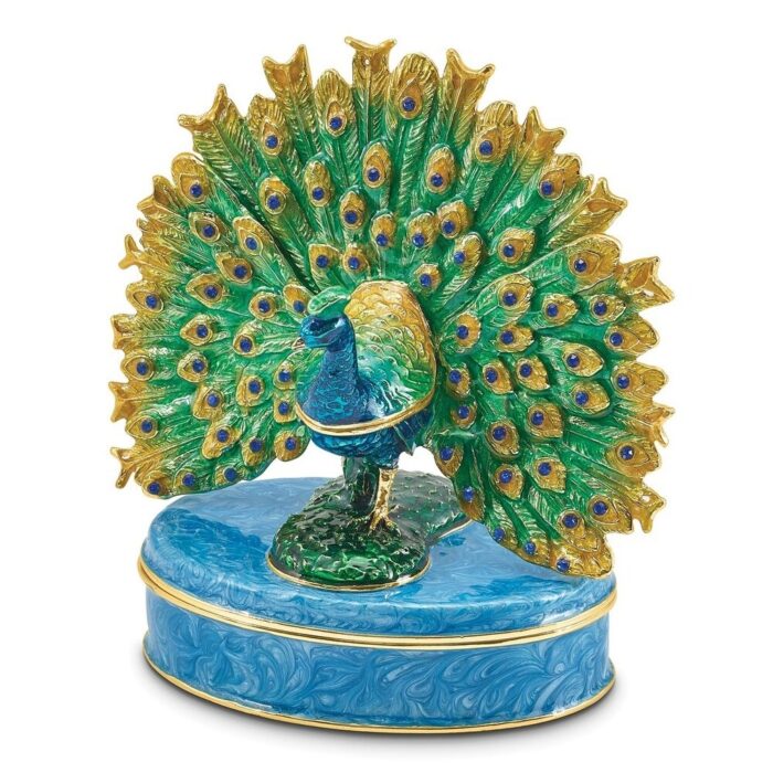 Curata Pewter Bejeweled Crystals Gold-Tone Enameled Pero Peacock on Oval Trinket Box on 18 Inch Necklace
