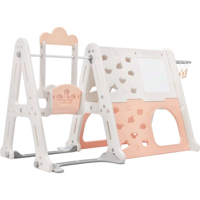6-in-1 Toddler Climber and Swing Set: Climber, Swing, Tunnel, Whiteboard, Building Block Baseplates, and Basketball Hoop