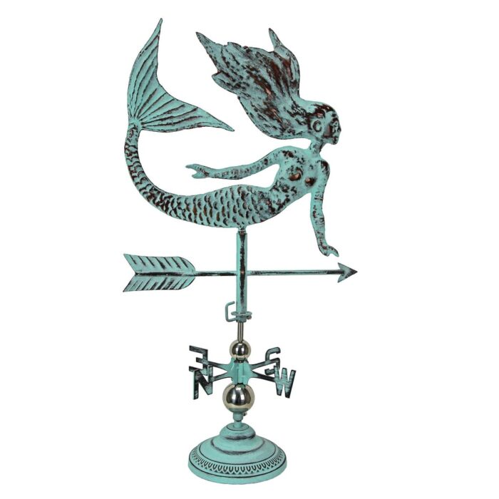 Verdigris Copper Mermaid Tabletop Weathervane With Optional Fence - 33 X 17.5 X 10 inches