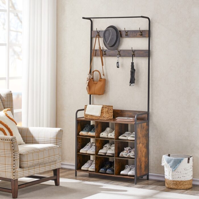 Coat Rack, Hall Tree with Shoe Rack for Entryway, 3-in-1 Entryway Coat Rack and Storage Rack, with 7 Hooks,a Hanging Rod