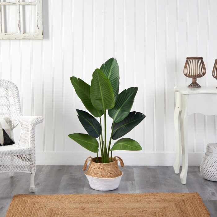 4' Travelers Palm Artificial Tree in Boho Chic Handmade Cotton & Jute White Woven Planter - Image 2