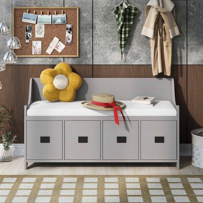 Removable Cushion Storage Bench with Drawers and Backrests - Image 2