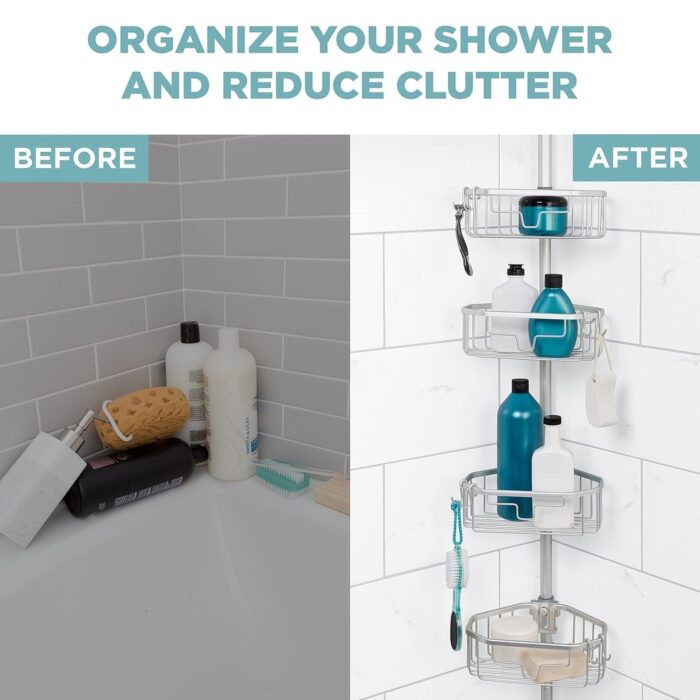 NeverRust Aluminum Tension Pole Shower Caddy, 4 Basket Shelves, Adjustable, 60 to 108 Inch, Satin Chrome - Image 2