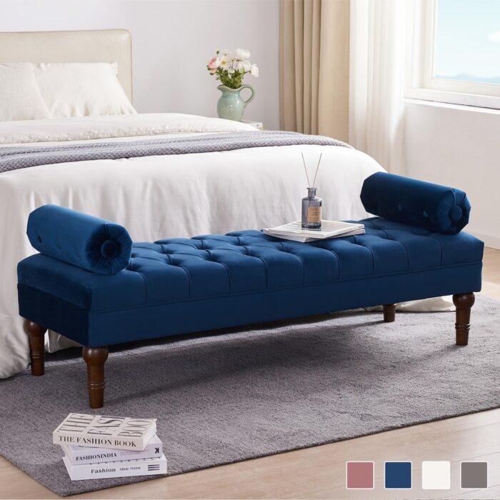 HUIMO Velvet Bedroom Bench Pink/ Beige/ Blue/ Gray Upholstered Bench with Button-Tufted 60.2". - Image 2