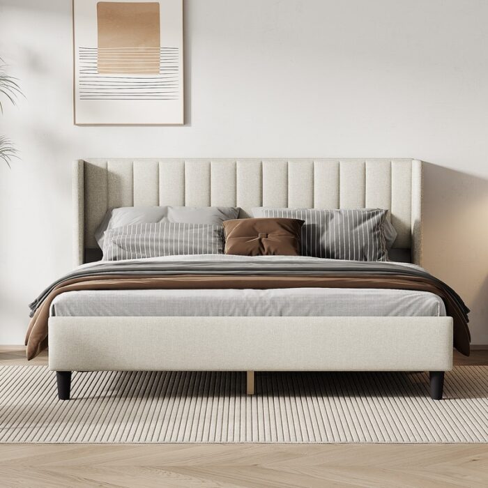 81"L King Size Wingback Platform Bed Frame with Headboard with Wood Slat Support