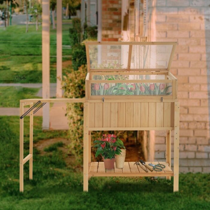 MCombo Cold Frame Greenhouse, Portable Wooden Greenhouse Raised Potted Plant Protection Box with Shelf, 0399 - Natural - Image 2