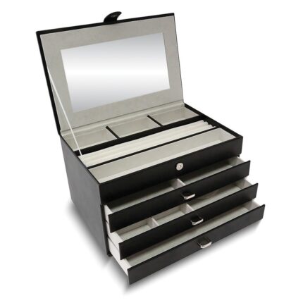 Curata Quilted Black Leather with Mirror 3-Drawer Velour Lined Jewelry Chest - Image 2