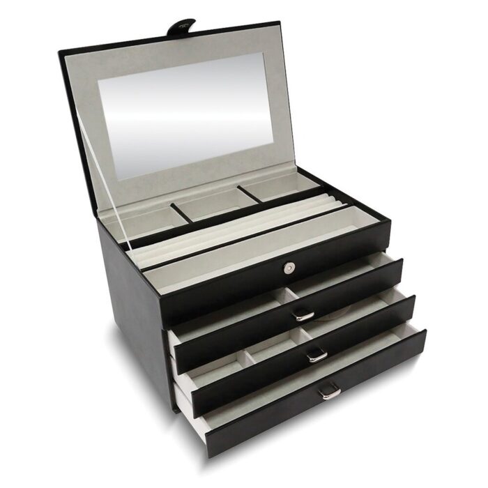 Curata Quilted Black Leather with Mirror 3-Drawer Velour Lined Jewelry Chest - Image 2