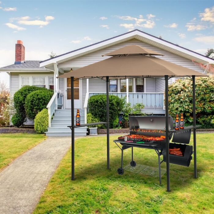 Outdoor Grill Gazebo 8 x 5 Ft, Shelter Tent, Double Tier Soft Top Canopy and Steel Frame with hook and Bar Counters