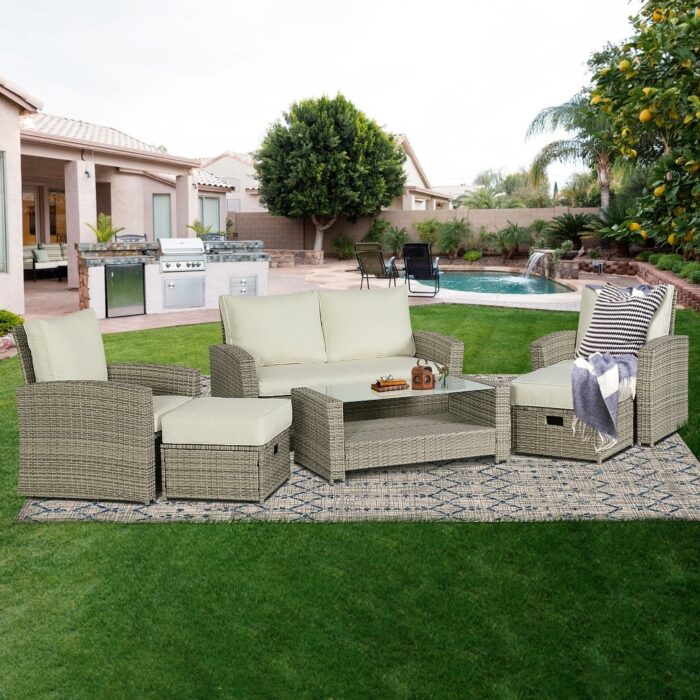 6pcs Wicker Patio Conversation Set Rattan Seating Loveseat Sofa Chair