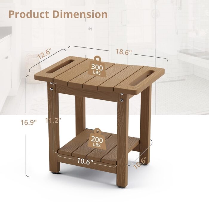 HDPS Shower Bench Seat with Shelf, Brown Shower Stool for Inside Shower Waterproof, Bath Shower Stool Chair for Bathroom - Image 2