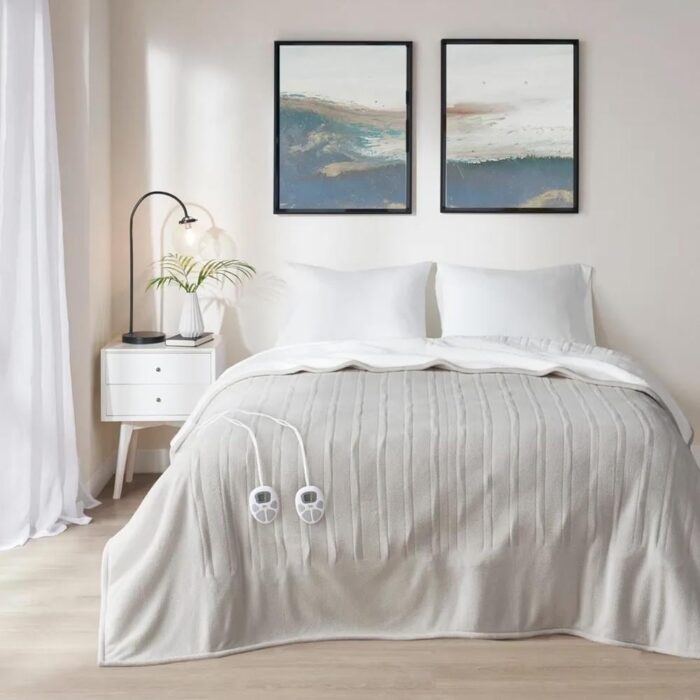 Queen Solid Fleece to Sherpa Heated Blanket Tan