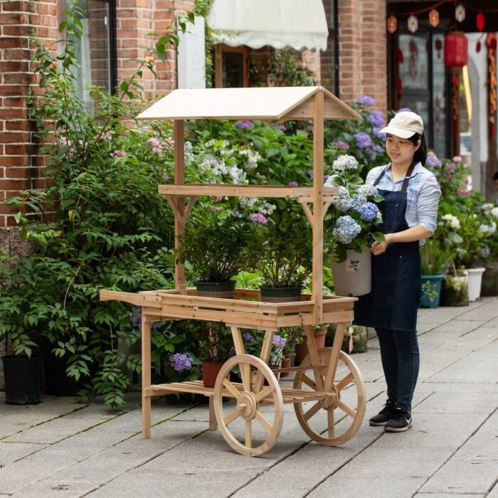 Wooden Rolling Table Cart with 2 Wheels Wagon with Shelves for Display Rack - Image 2