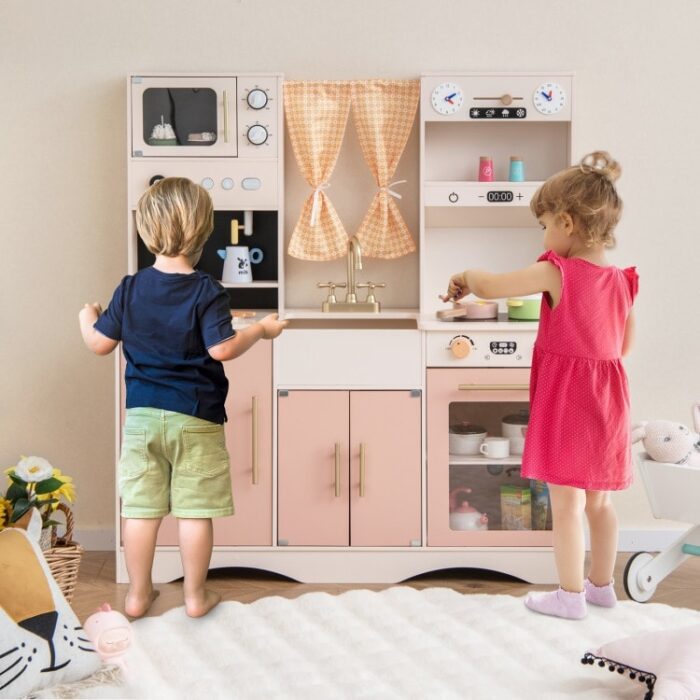 Kids Kitchen Playset with Microwave and Coffee Maker for Ages 3+-Pink - 40" x 13.5" x 43" (L x W x H)