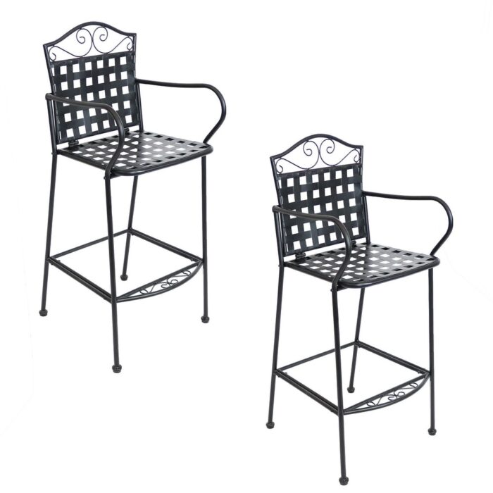 Black Wrought Iron Patio Bar Chairs with Scroll Design