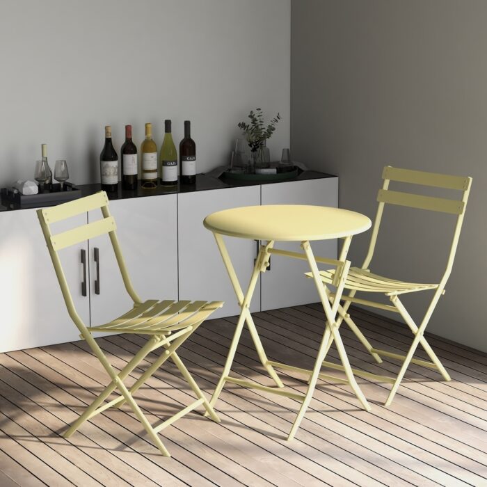 Yellow 3 Piece Outdoor Patio Bistro Set Foldable Round Table & Chairs - Image 2