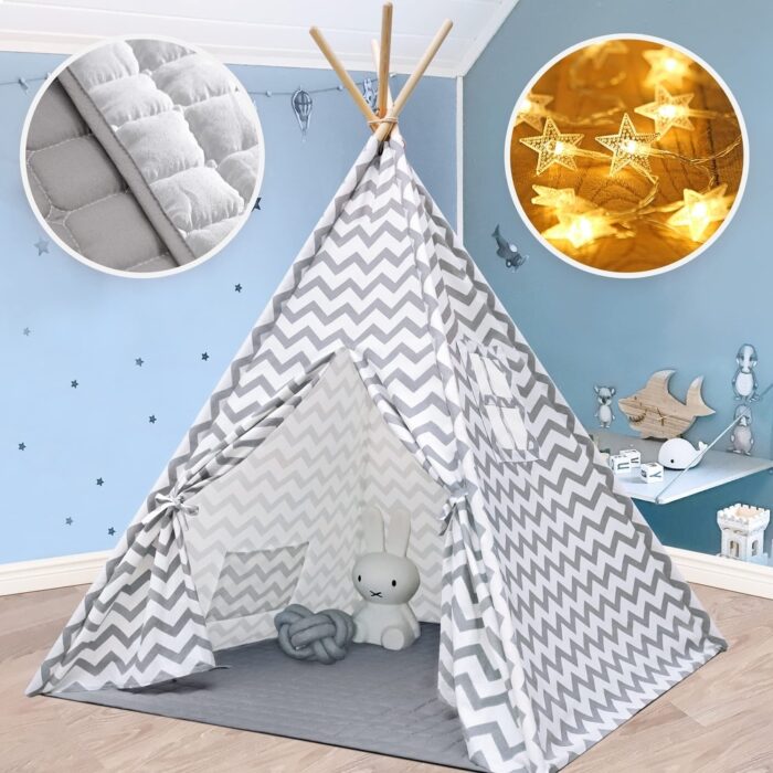 Foldable Kids Teepee Tent with Mat & Light String - Gray and White Stripes