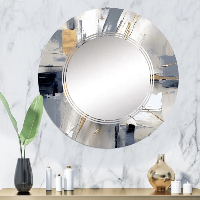 Designart "Grey and Gold Transcendent Impressions I" Abstract Shapes Modern Wall Mirror