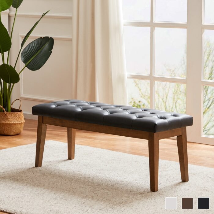 HUIMO Button-Tufted Bench for End of Bed, Entryway Bench Beige/ Black/ Brown Solid Wood, Leather, Fabric 44-inch - Image 2