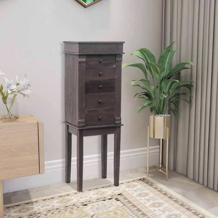 Standing Jewelry Armoire Hooks Jewelry Cabinet Chest with Mirror, 5 Drawers & 8 Necklace - Image 2