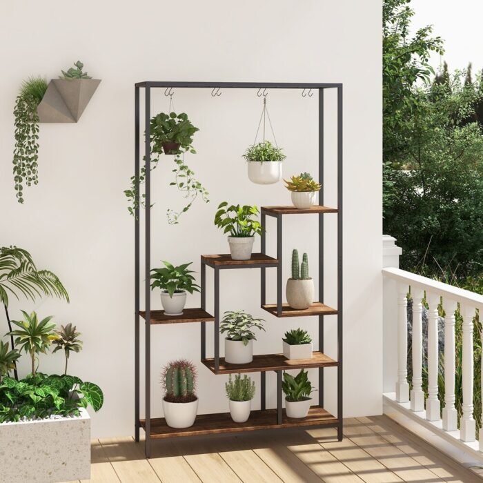 6-Tier Tall Plant Stand 71" Metal Indoor Plant Shelf with 10 Hanging Hooks - 40" x 12" x 71"