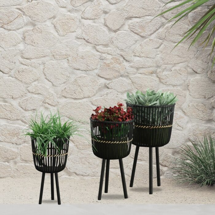 Set of 3 Bamboo Footed Planters Bamboo and Wood Weaving Technology Floor Flower Pot Rack Balcony Garden Decoration