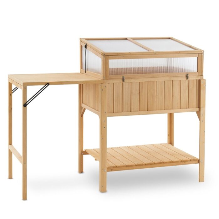 MCombo Cold Frame Greenhouse, Portable Wooden Greenhouse Raised Potted Plant Protection Box with Shelf, 0399 - Natural