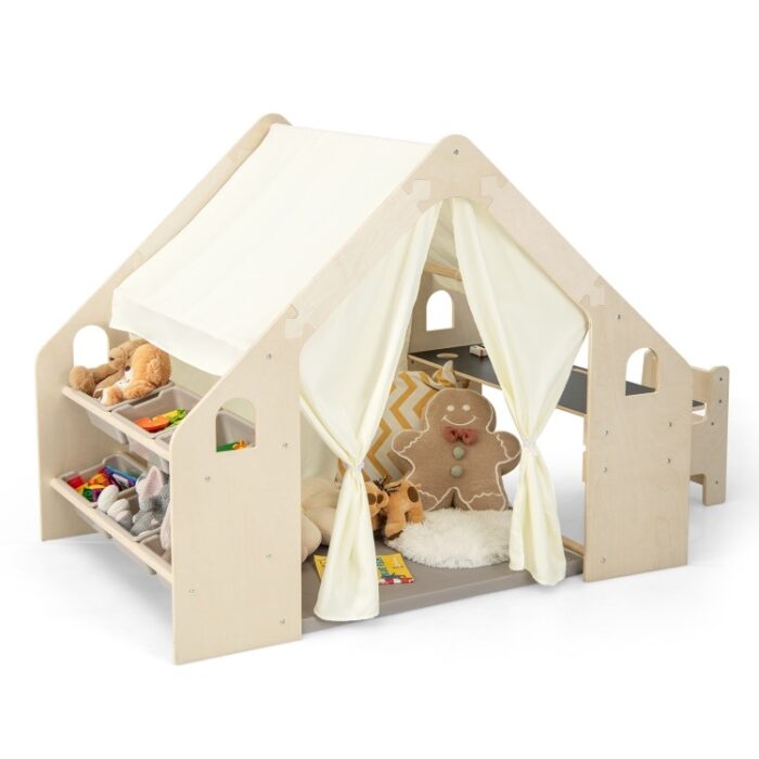 6-in-1 Kids Play Tent Playhouse with Blackboard 6 Storage Bins and Floor Cushion-Beige - Natural - 57" x 38" x 45" - Image 2