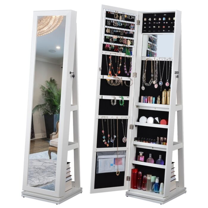 65''H Stand Full Length Mirror Storage Display Cabinet 360 Swivel Jewelry Armoire with Key Lock&Velvet interior