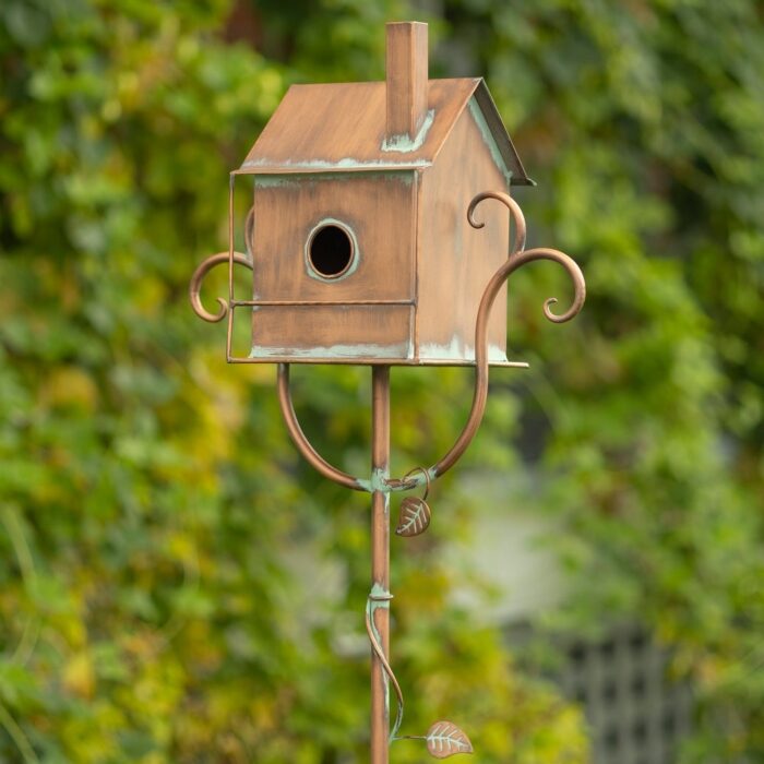 63" Tall Colonial Style Birdhouse Garden Stake in Antique Copper