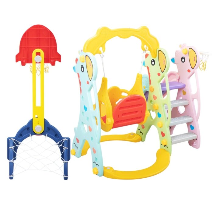 5 in 1 Slide and Swing Playing Set, Toddler Extra-Long Slide with 2 Basketball Hoops, Football, Ringtoss, Indoor Outdoor