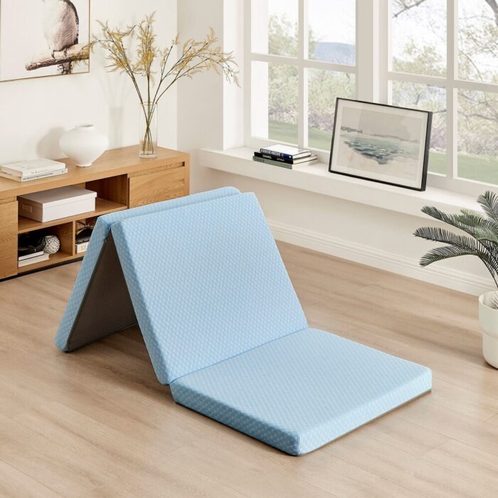 RunFine 3 Inch Tri Folding Mattress Topper with Washable Cover, Trifold Memory Foam Mattress, Blue