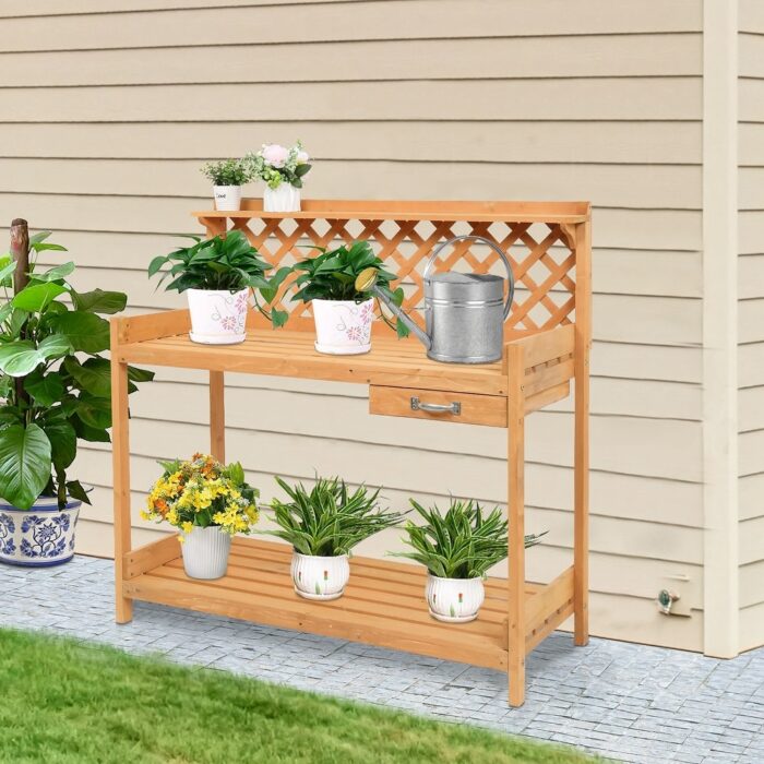 Garden Workbench, Wooden Potting Bench Table With Drawer - Image 2