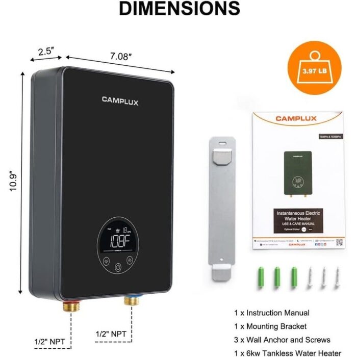 Camplux 1.8 GPM Electric Tankless Water Heater 6kW 240 V, Brick - Image 2