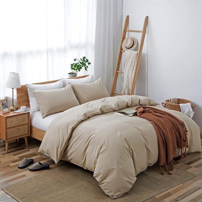 King Size Washed Cotton Duvet Cover Linen-Like Textured Beige - Image 2