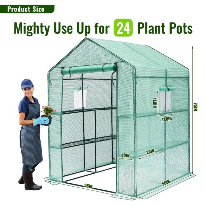 56x 56x 75"Greenhouses Durable Green House Kit with Window, Thicken PE Cover, 3 Tiers 8 Shelves, Heavy Duty Walk - Image 2