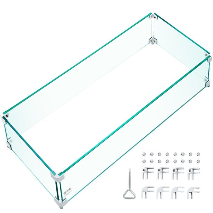 VEVOR Clear Fire Pit Rectangular Tempered Glass Wind Guard 0.3\" Thick Fire Steady Feet Tree Pit Guard for Propane Gas Outdoor