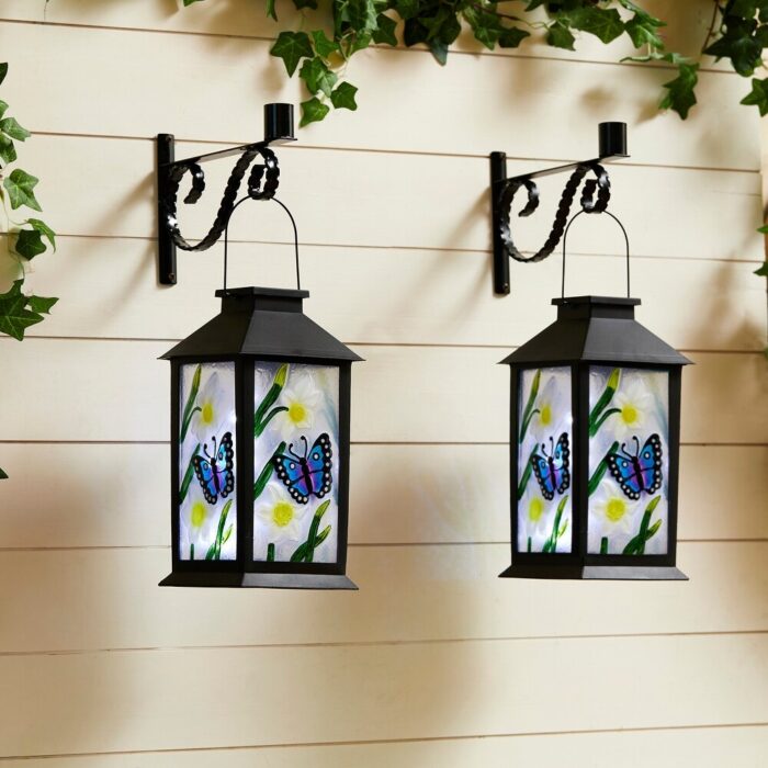 Glitzhome Set of 2 11"H Antique Glass Solar Hanging Lanterns Post Lights - Image 2