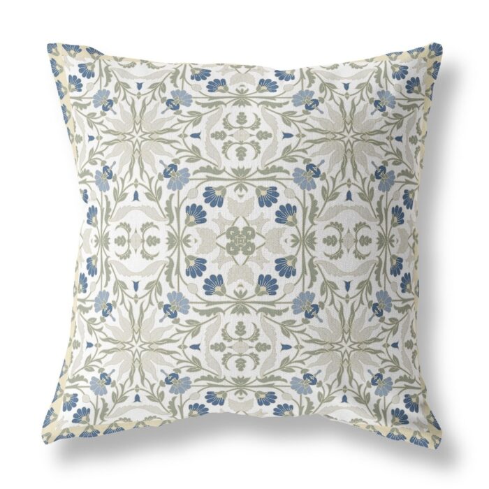 16" White Green Paisley Indoor Outdoor Throw Pillow