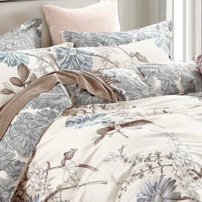 3pc Queen Size 100% Cotton Bedding Set Daisy Silhouette Beige - Image 2