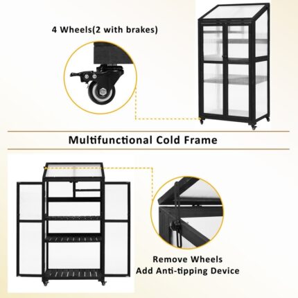 Wooden Cold Frame Large Greenhouse, Garden Nursery Planter Wood Portable Flower Cabinet Front Top w/ Wheels & Adjustable Shelves - Image 2