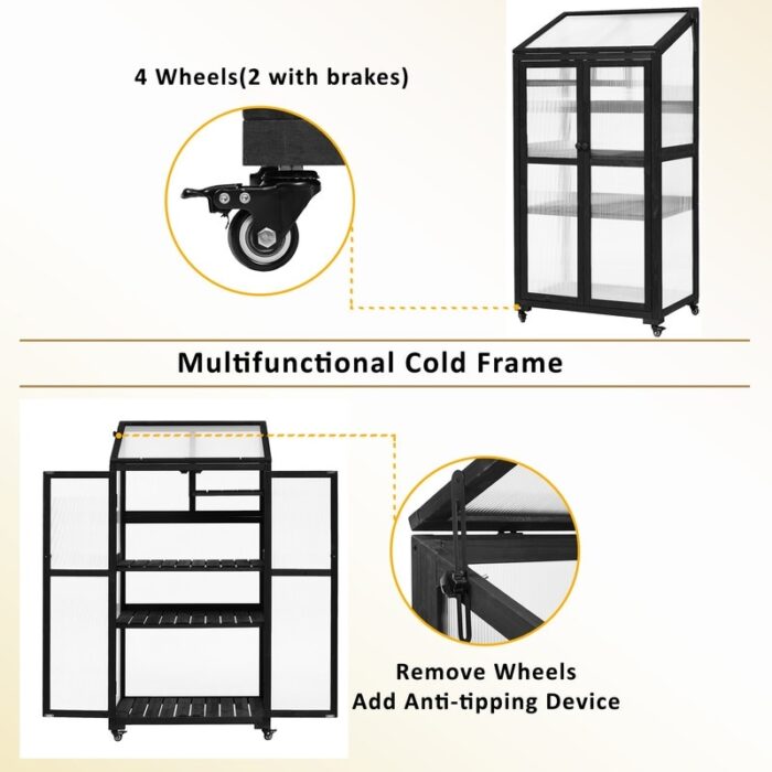 Wooden Cold Frame Large Greenhouse, Garden Nursery Planter Wood Portable Flower Cabinet Front Top w/ Wheels & Adjustable Shelves - Image 2