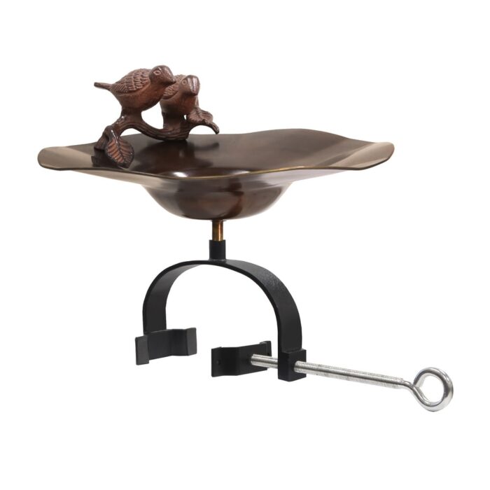Achla Designs 13"Dia. Round Antique Patina Brass/Aluminum Birds Birdbath w/Black Wrought Iron Over Railing Bracket