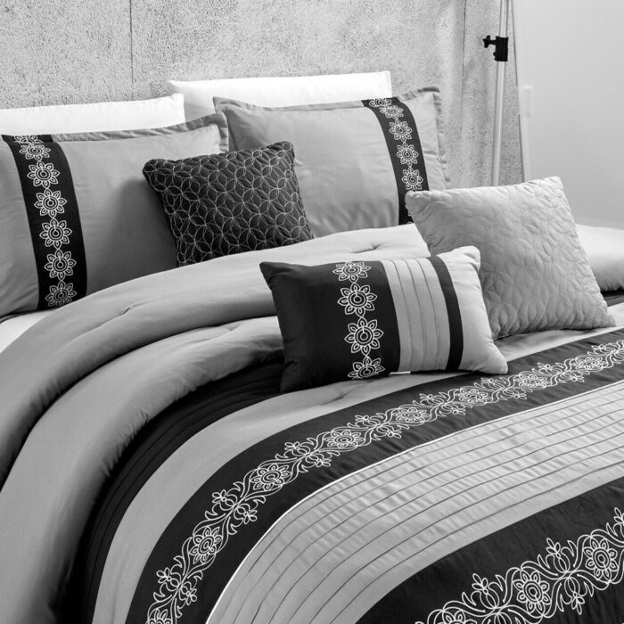 Embroidery Comforter Set 7 Alternative Queen Dark Gray Black - Image 2
