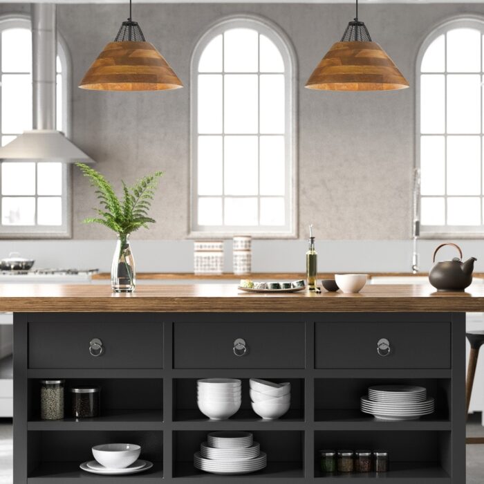Adonia River of Goods Black Metal and Walnut-stained Mango Wood 17.25-Inch Pendant Light with Adjustable Hanging Cord